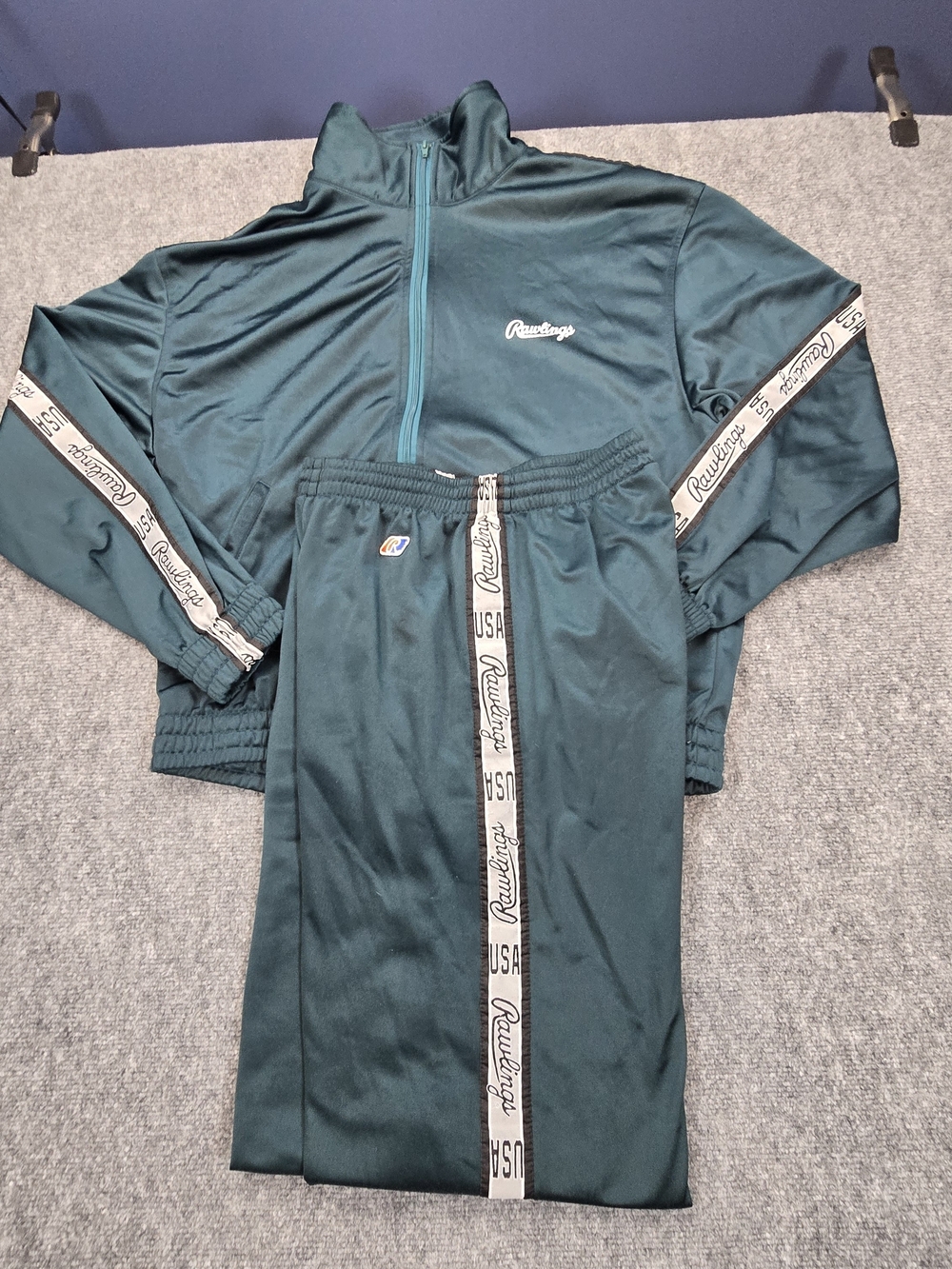 Vintage Rawlings USA Track Suit Set Jacket L Pants M Teal Green Warm Up Athletic